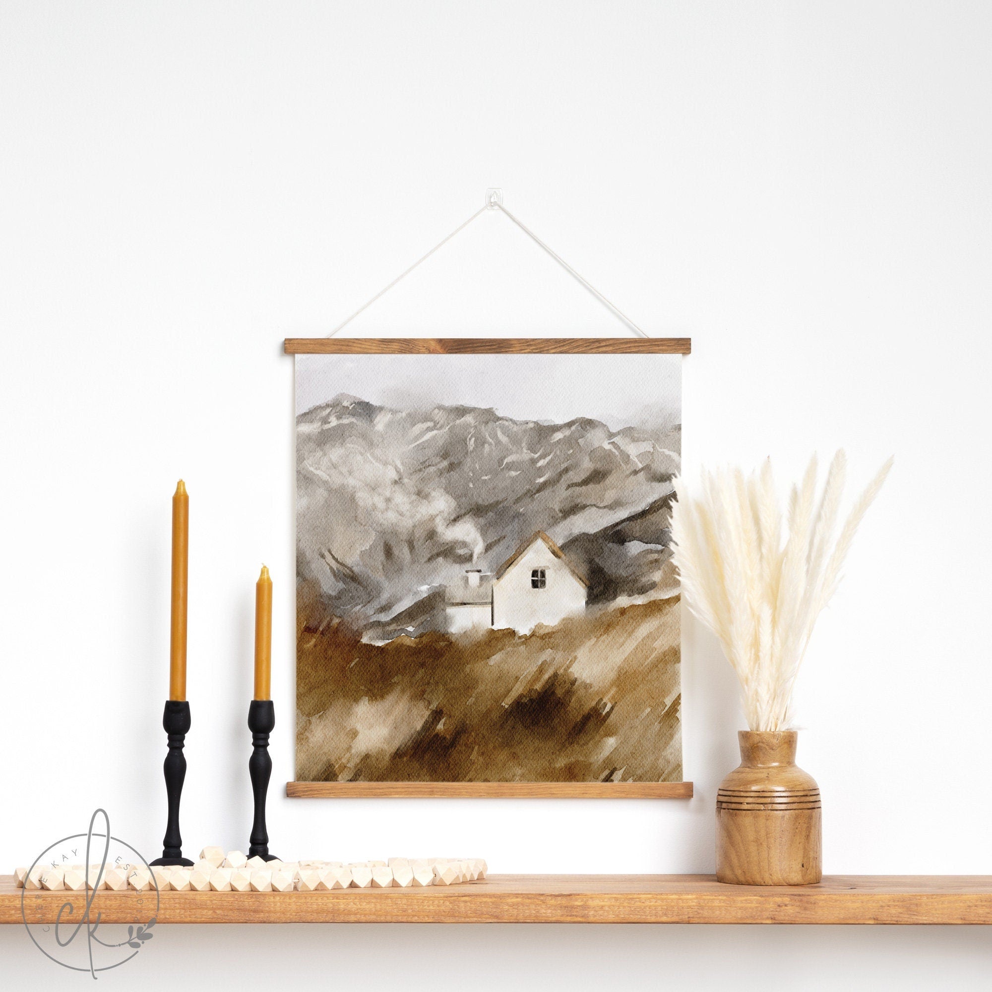 Prairie Landscape Wall Art | Fabric Wall Hanging | Mountain Landscape Wall Art | Living Room Decor | Cottage in the Mountains