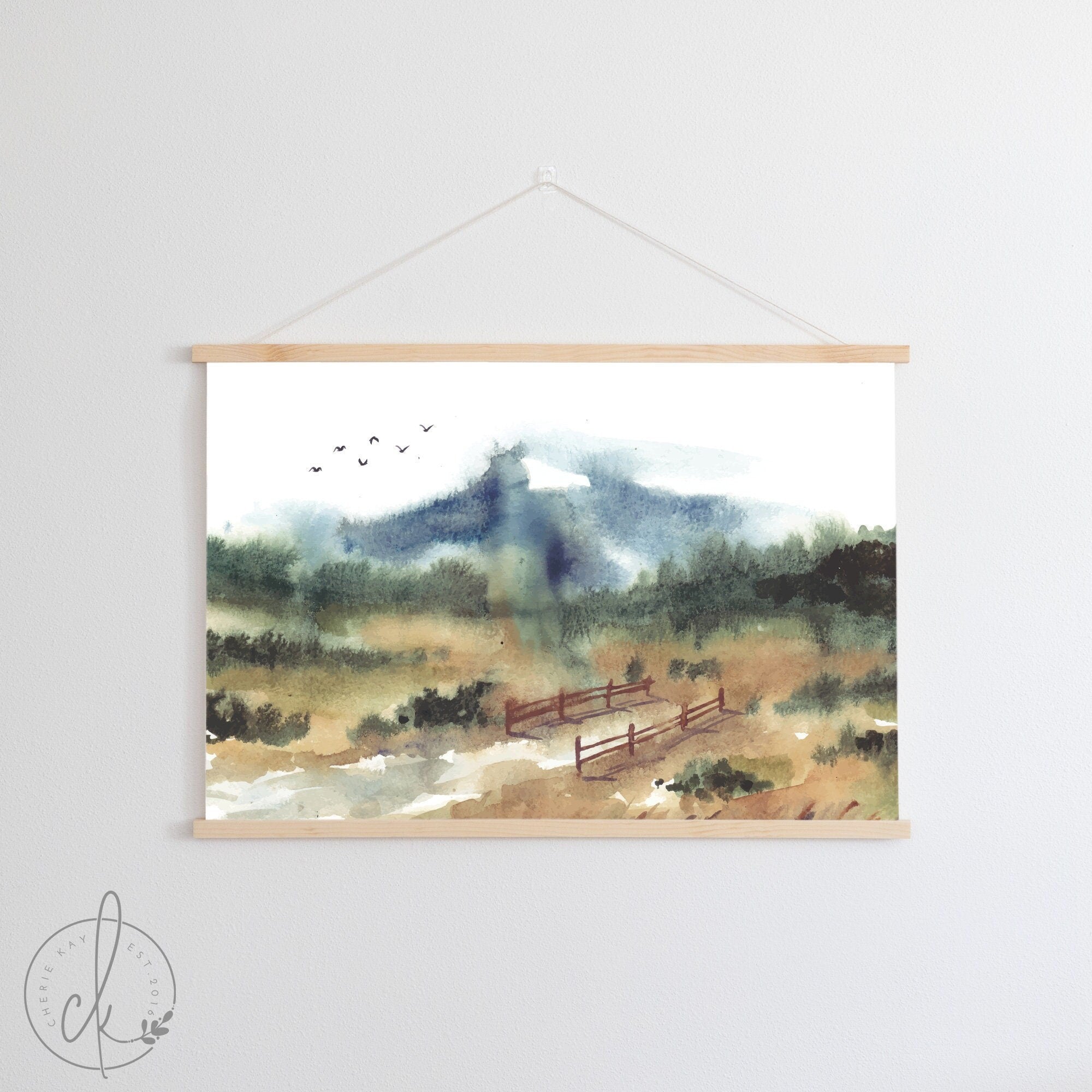 Landscape Wall Art | Fabric Wall Hanging | Mountain Landscape Wall Decor | Watercolor Painting | Peaceful Trail
