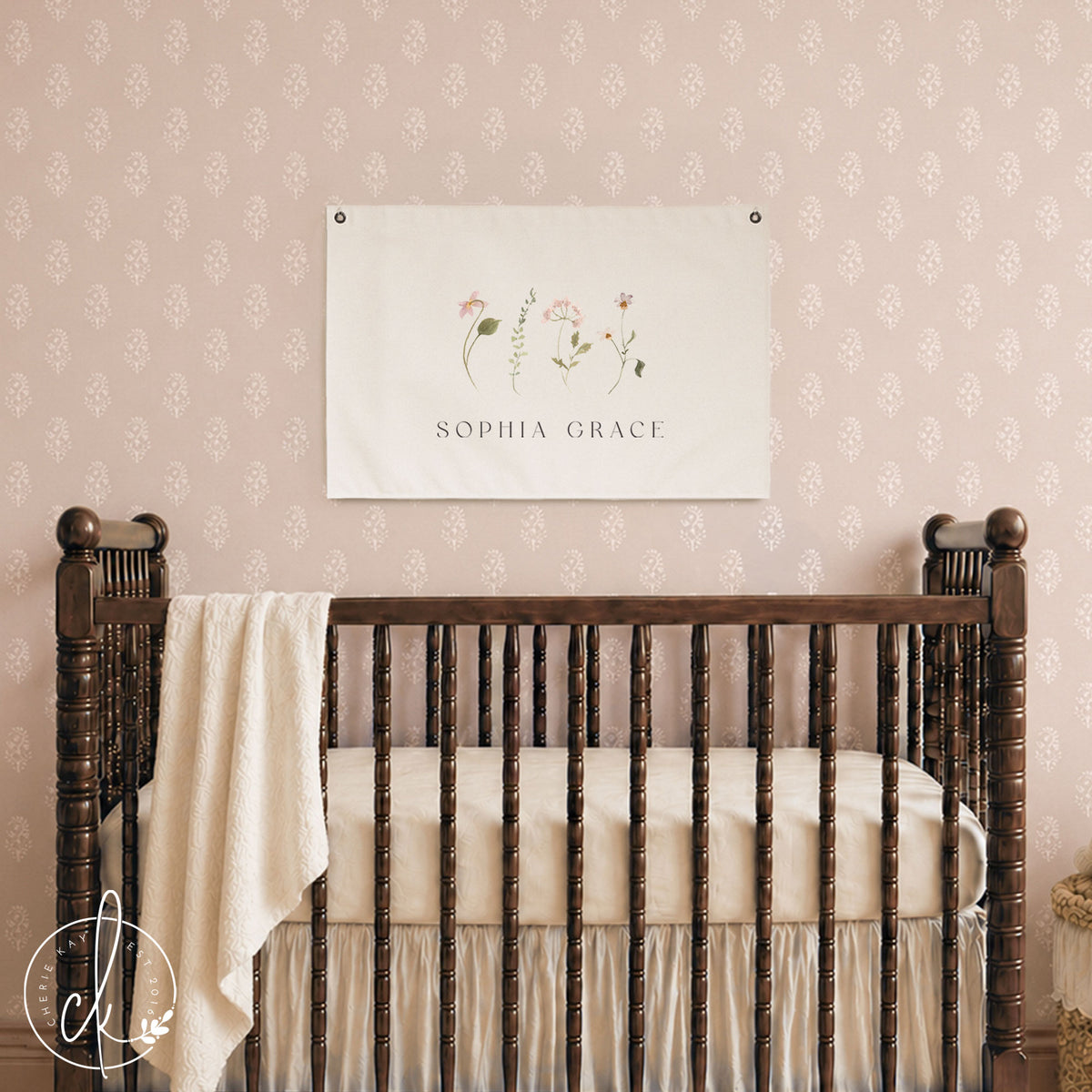 Floral Nursery Name Sign | Custom Canvas Wall Hanging | Personalized Baby Girl Room Art | 47