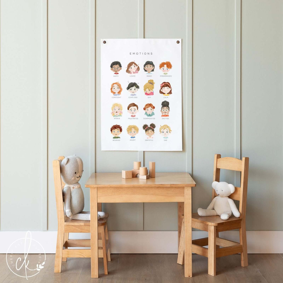 Colorful emotions and feelings chart for kids mounted on a bedroom or classroom wall, featuring illustrated faces and emotion words to support social emotional learning, communication skills, and empathy-building.
