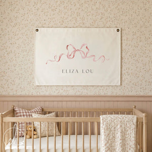 Pink Bow Decor | Custom Canvas Banner | Baby Girl Nursery Name Sign | 86