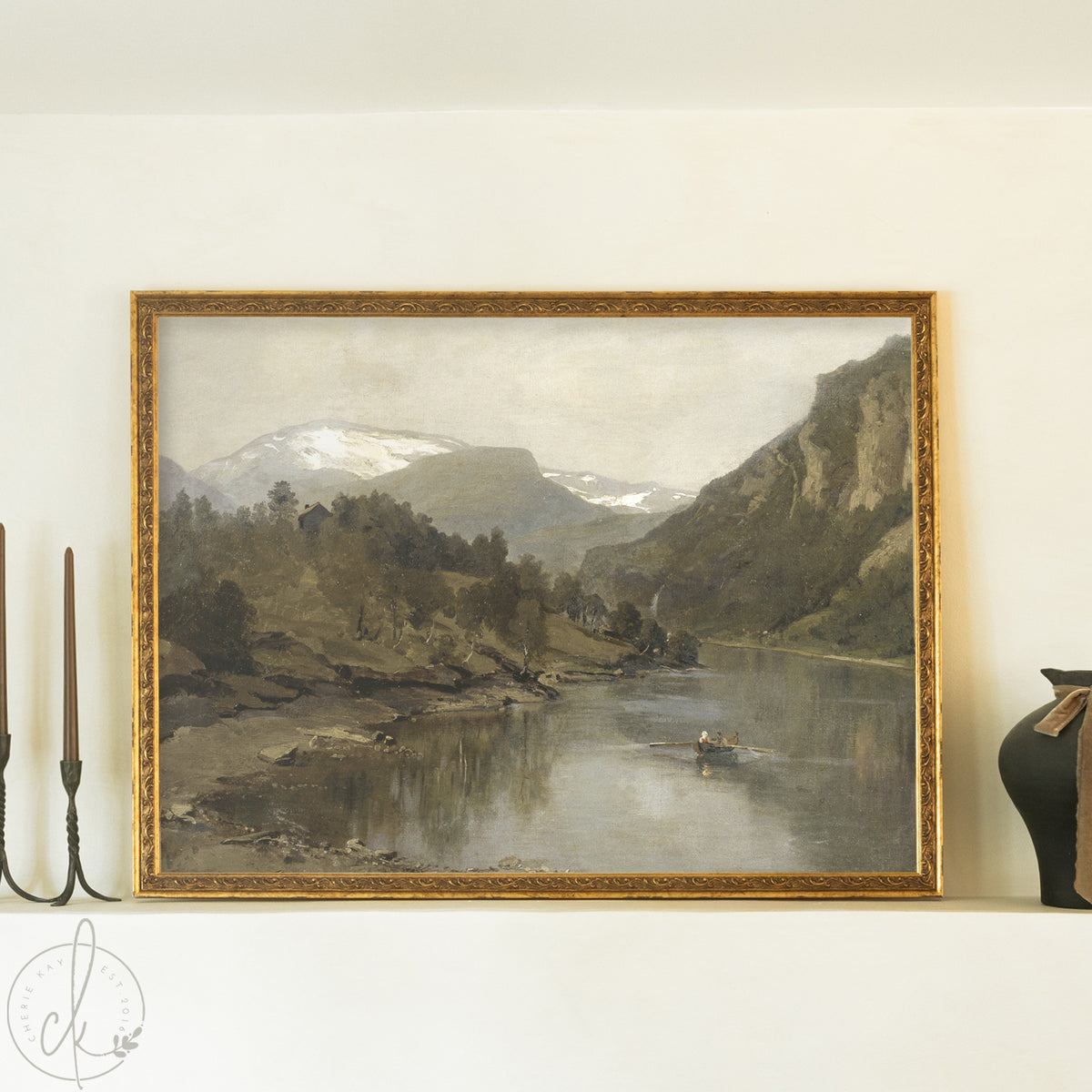Large Vintage Landscape Wall Art | Framed Mountain River Painting | N90