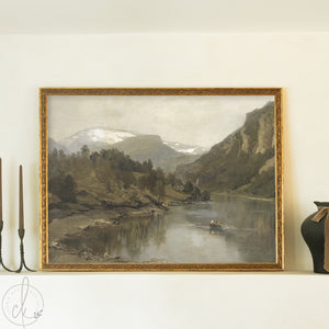 Large Vintage Landscape Wall Art | Framed Mountain River Painting | N90