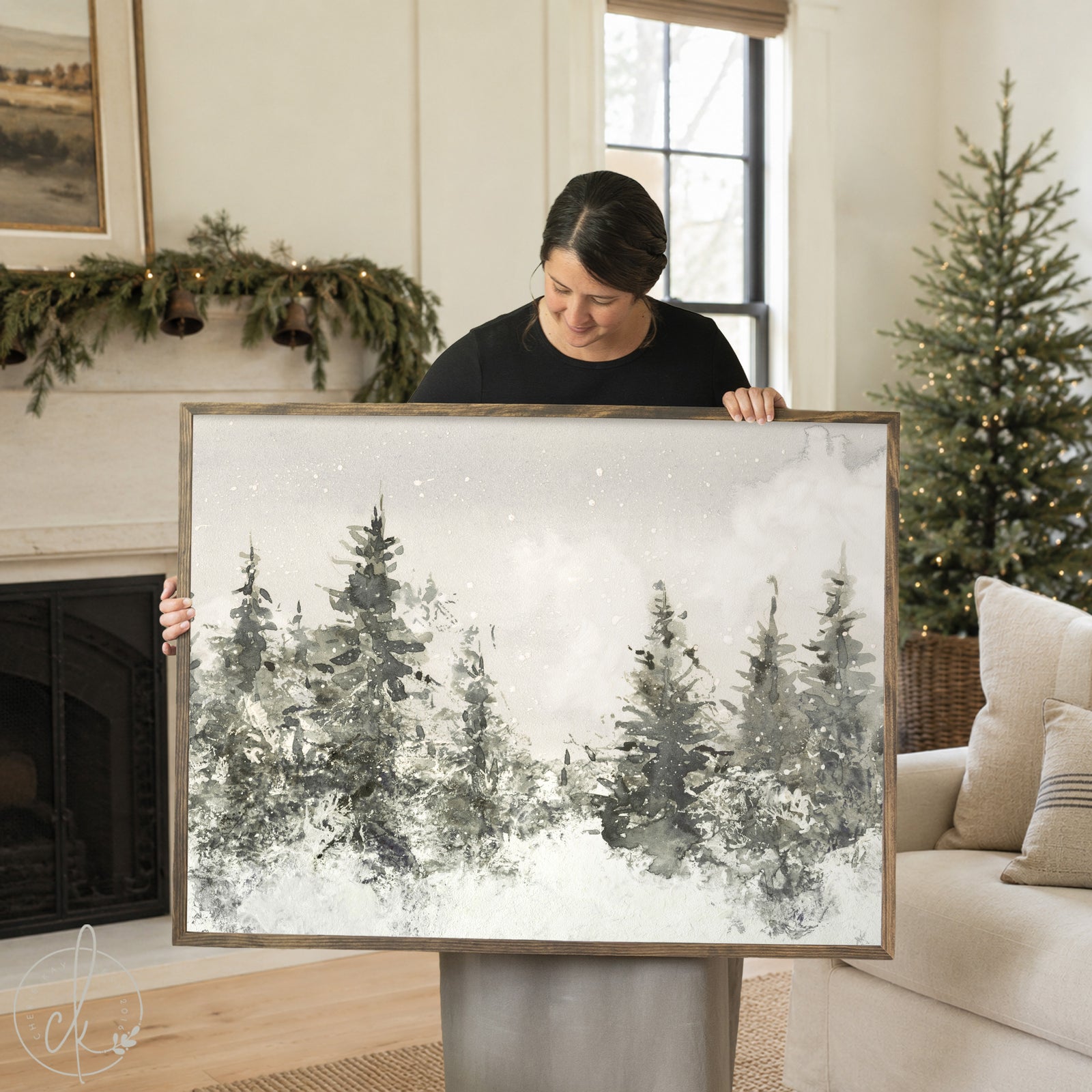 Large framed Christmas tree wall art with snowy pine trees, seasonal holiday wall decor for entryway or living room.