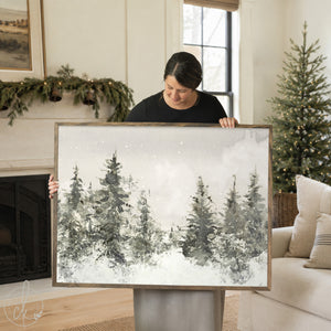 Large framed Christmas tree wall art with snowy pine trees, seasonal holiday wall decor for entryway or living room.