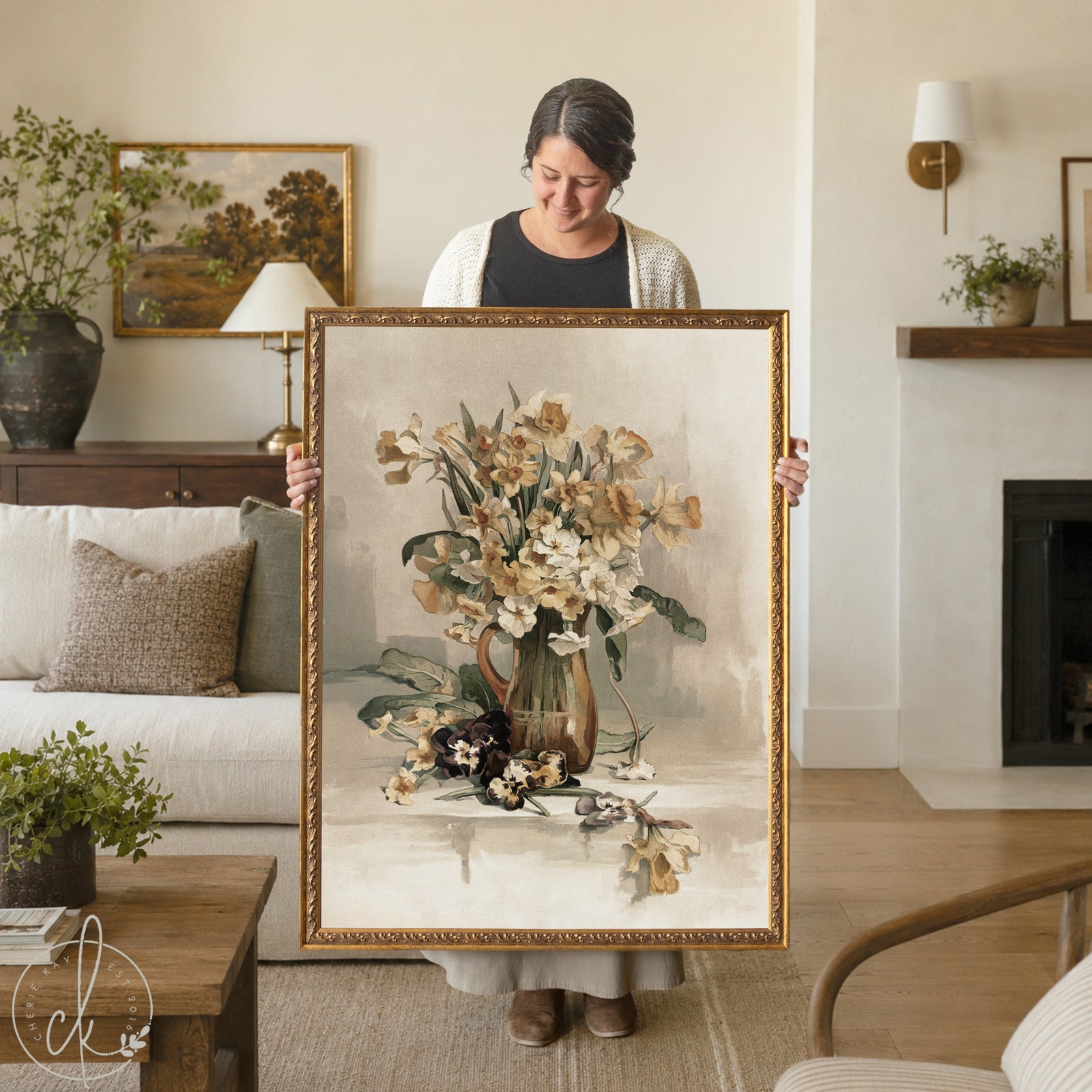 Framed daffodil painting in gold frame, floral still life wall art for home decor.