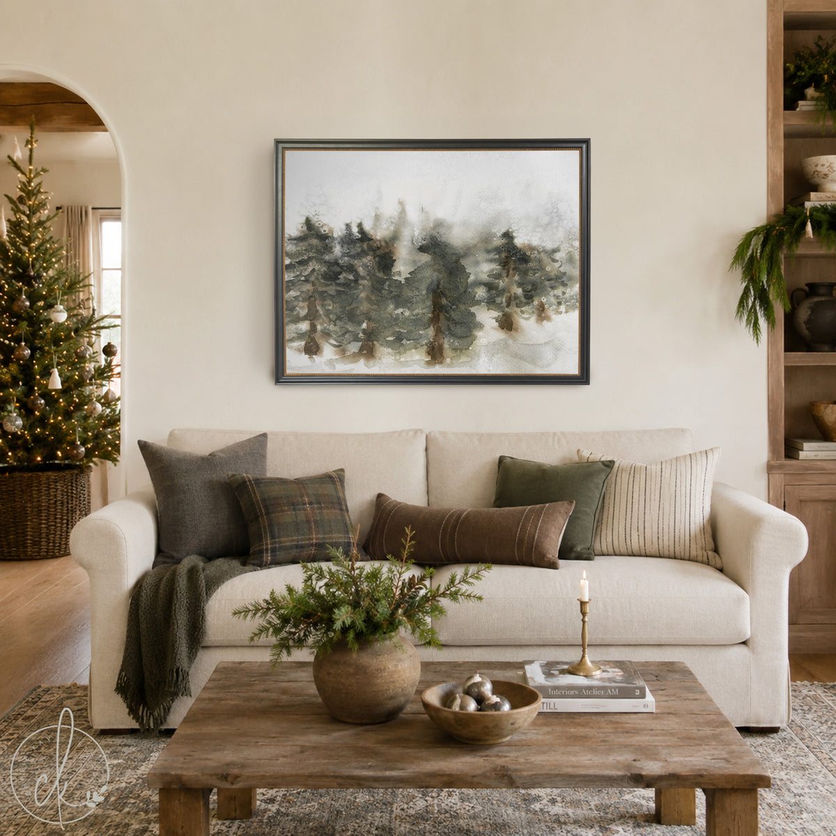 Christmas Wall Art | Winter Watercolor Landscape | Framed Pine Tree Decor | N200