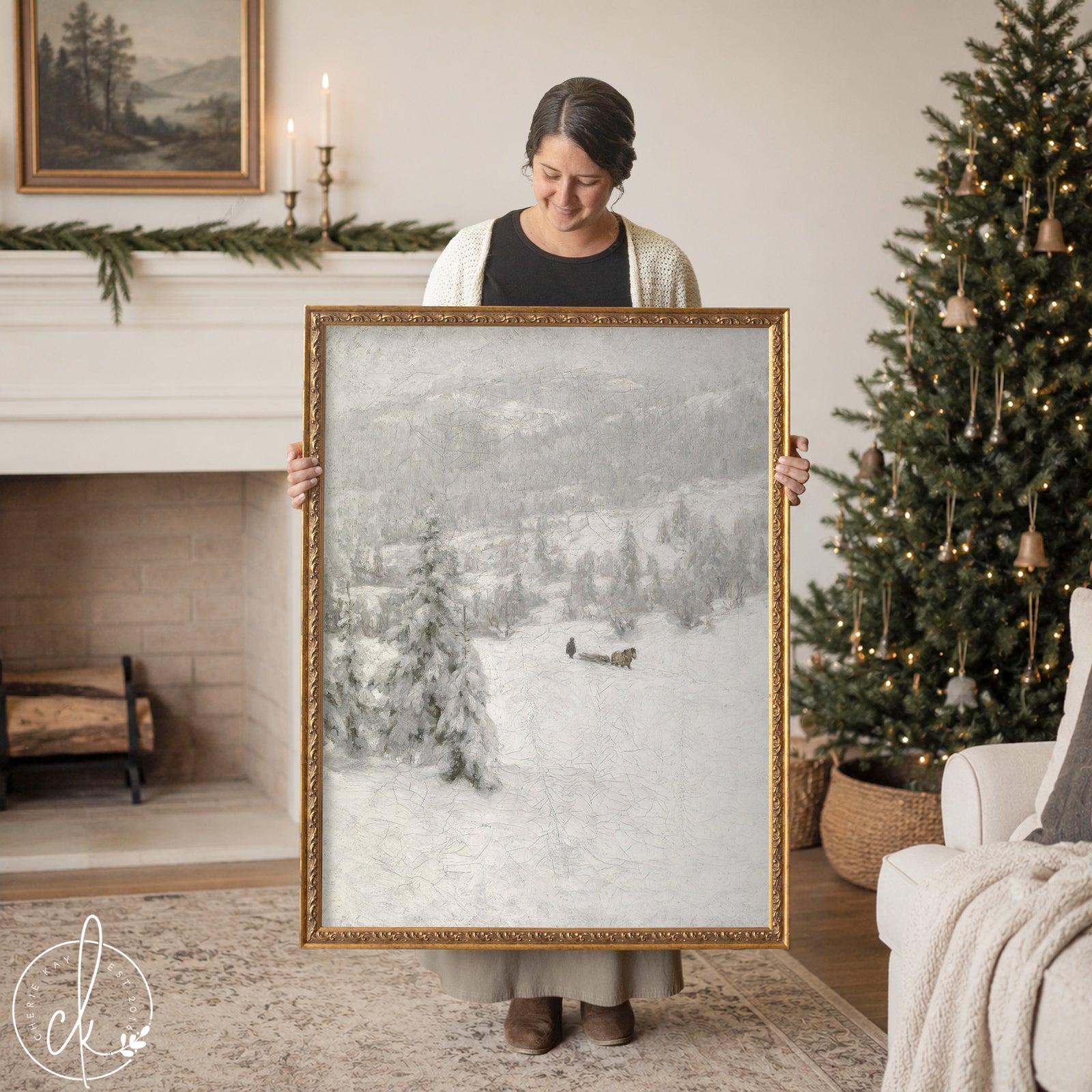 Framed vintage Christmas wall decor with horse and sleigh in snowy winter landscape.