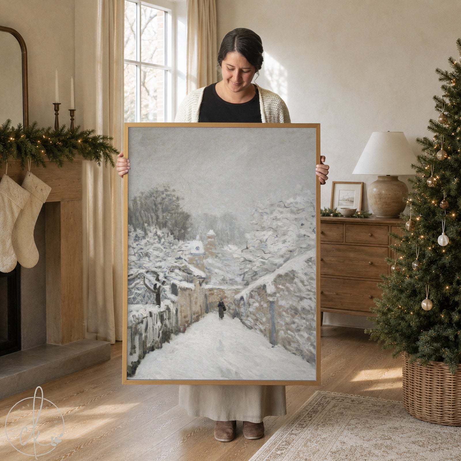 Winter wall art featuring Alfred Sisley’s Snow at Louveciennes framed canvas painting with snowy village scene