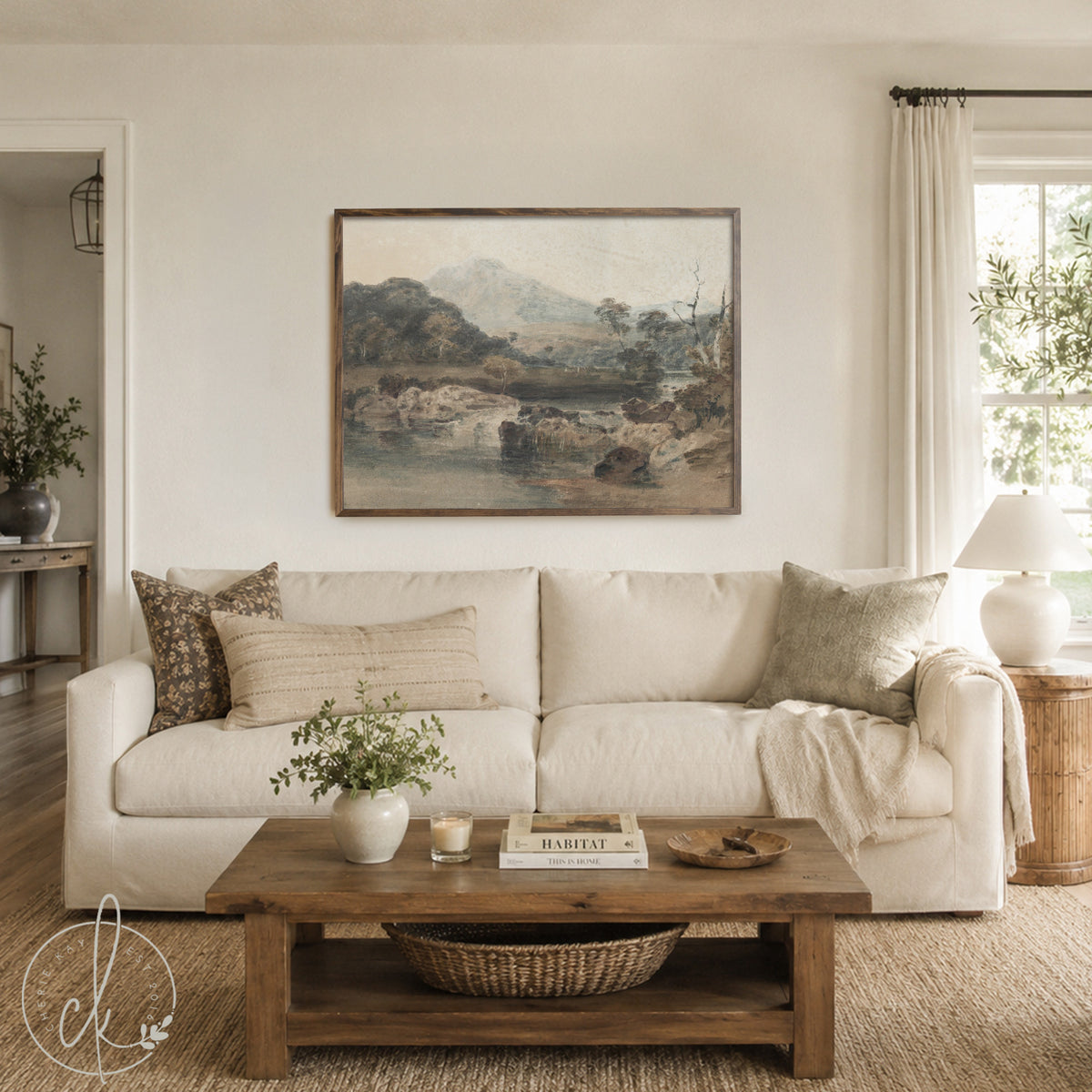 Vintage Landscape Painting | River Mountains Art | Living Room Decor | N44