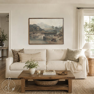 Vintage Landscape Painting | River Mountains Art | Living Room Decor | N44