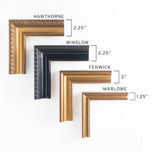 Frame options chart showing four wood corners: ornate gold Hawthorne, black Winslow, smooth gold Fenwick, and beaded gold Marlowe.