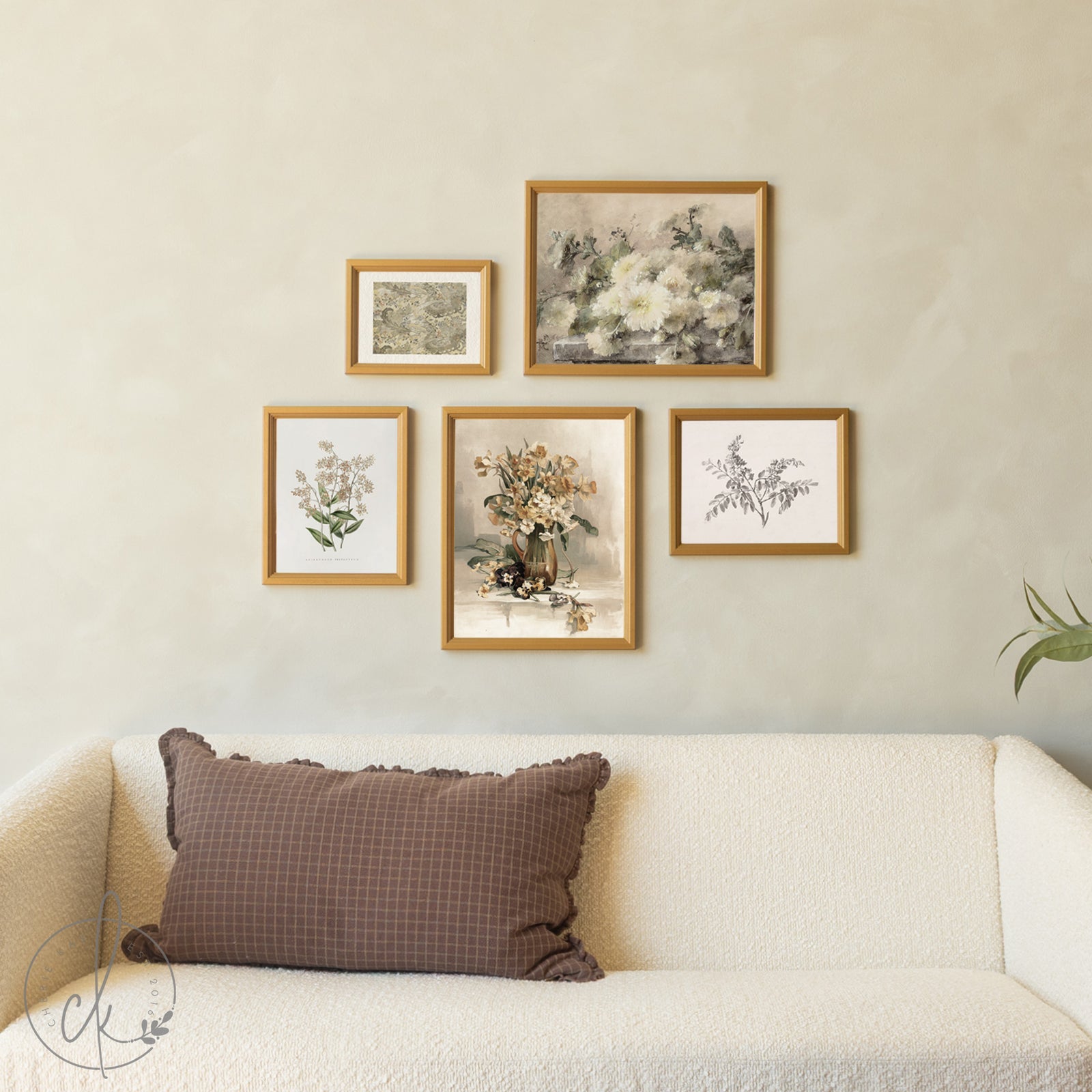 Framed botanical prints on a wall above a sofa with a brown pillow.