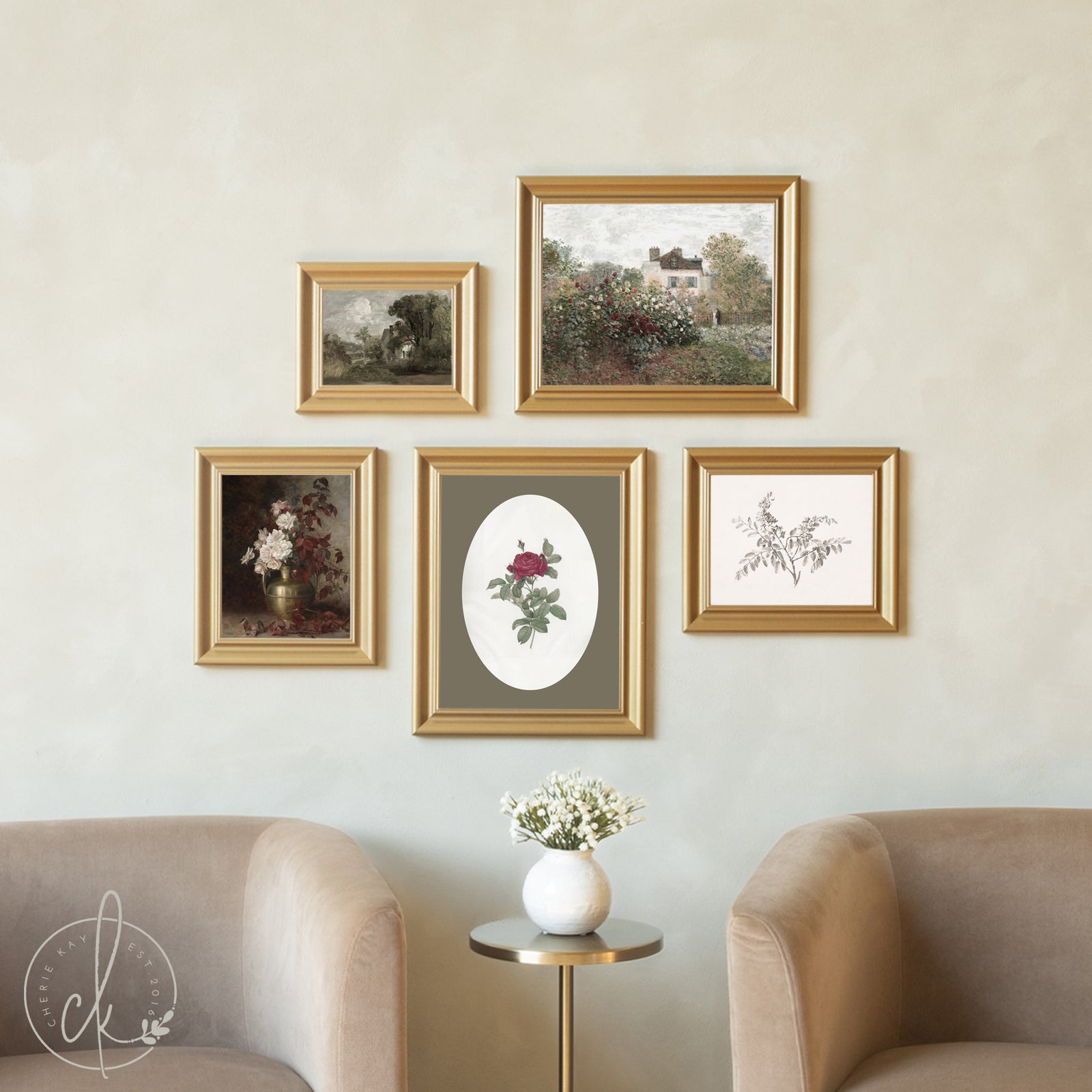Wall with framed artwork and a vase of flowers on a small table.