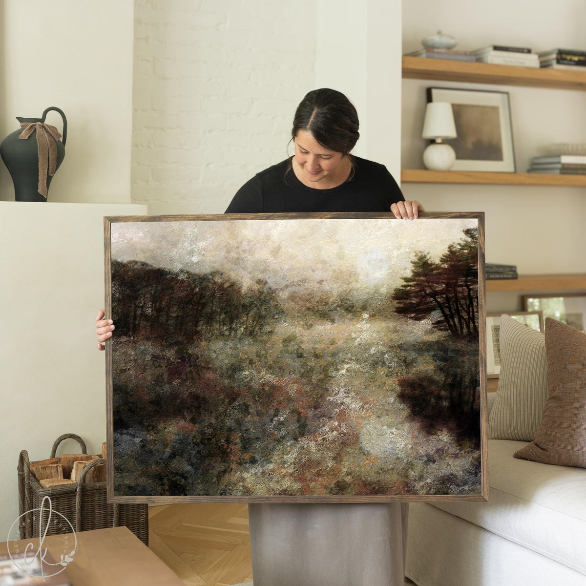 Framed abstract field painting with wildflowers and earth tones, neutral wall decor for living room or bedroom.