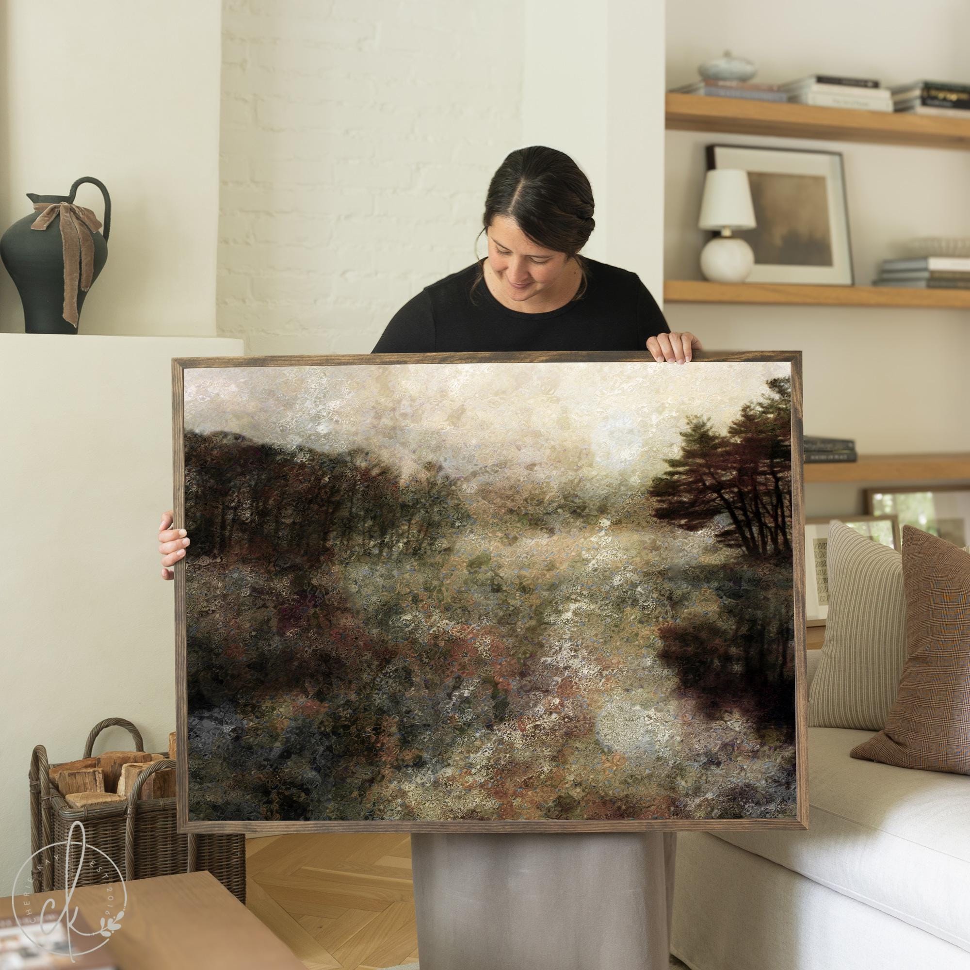 Framed abstract field painting with wildflowers and earth tones, neutral wall decor for living room or bedroom.