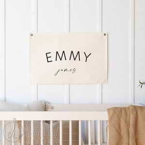 Personalized name banner canvas flag with first and middle name in mixed serif and script fonts on cream canvas
