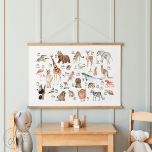 Animal Alphabet Chart | Watercolor Canvas Wall Hanging | Nursery Playroom Decor