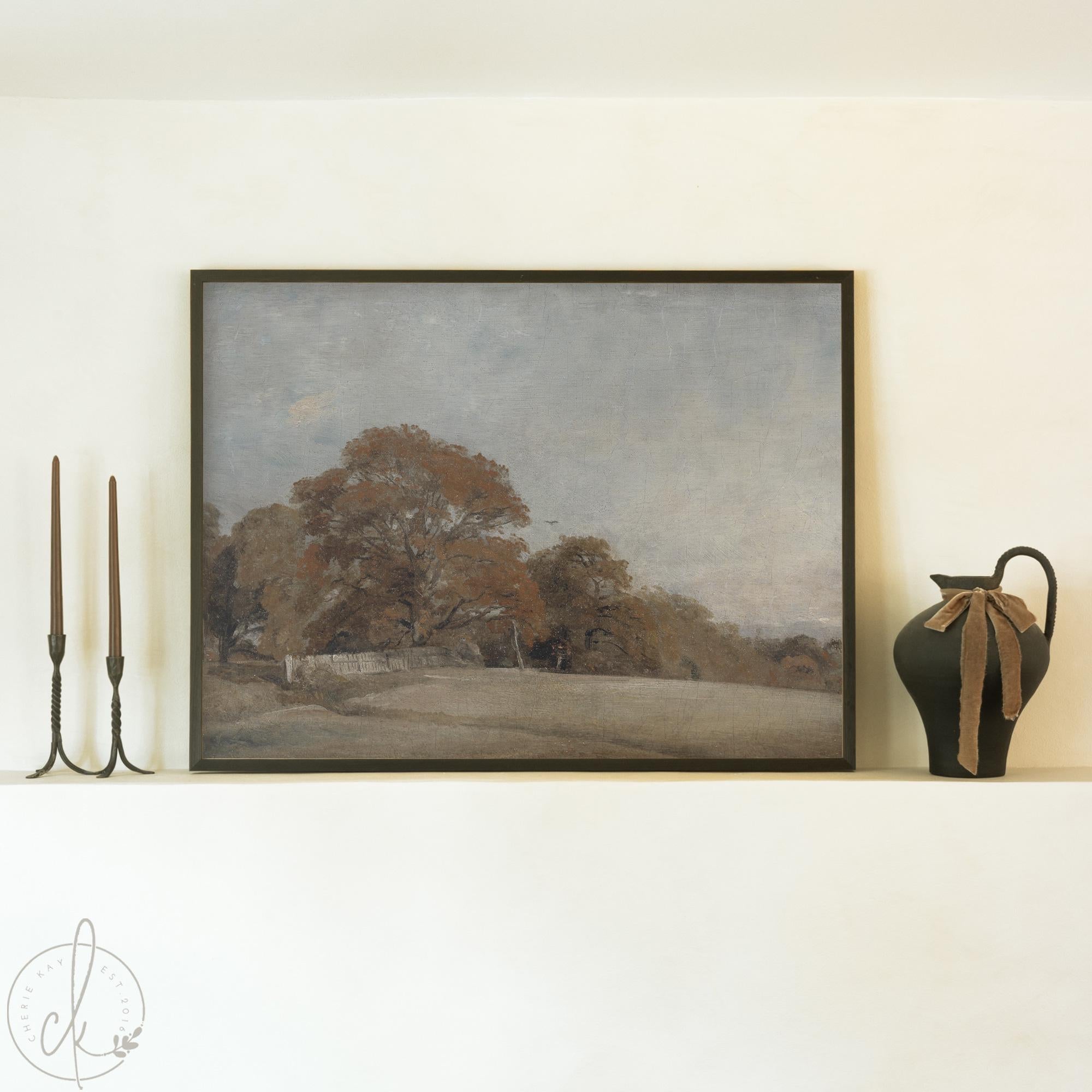Autumn landscape painting with natural wood frame featuring fall countryside scene, ideal for wall decor in living room or dining room.