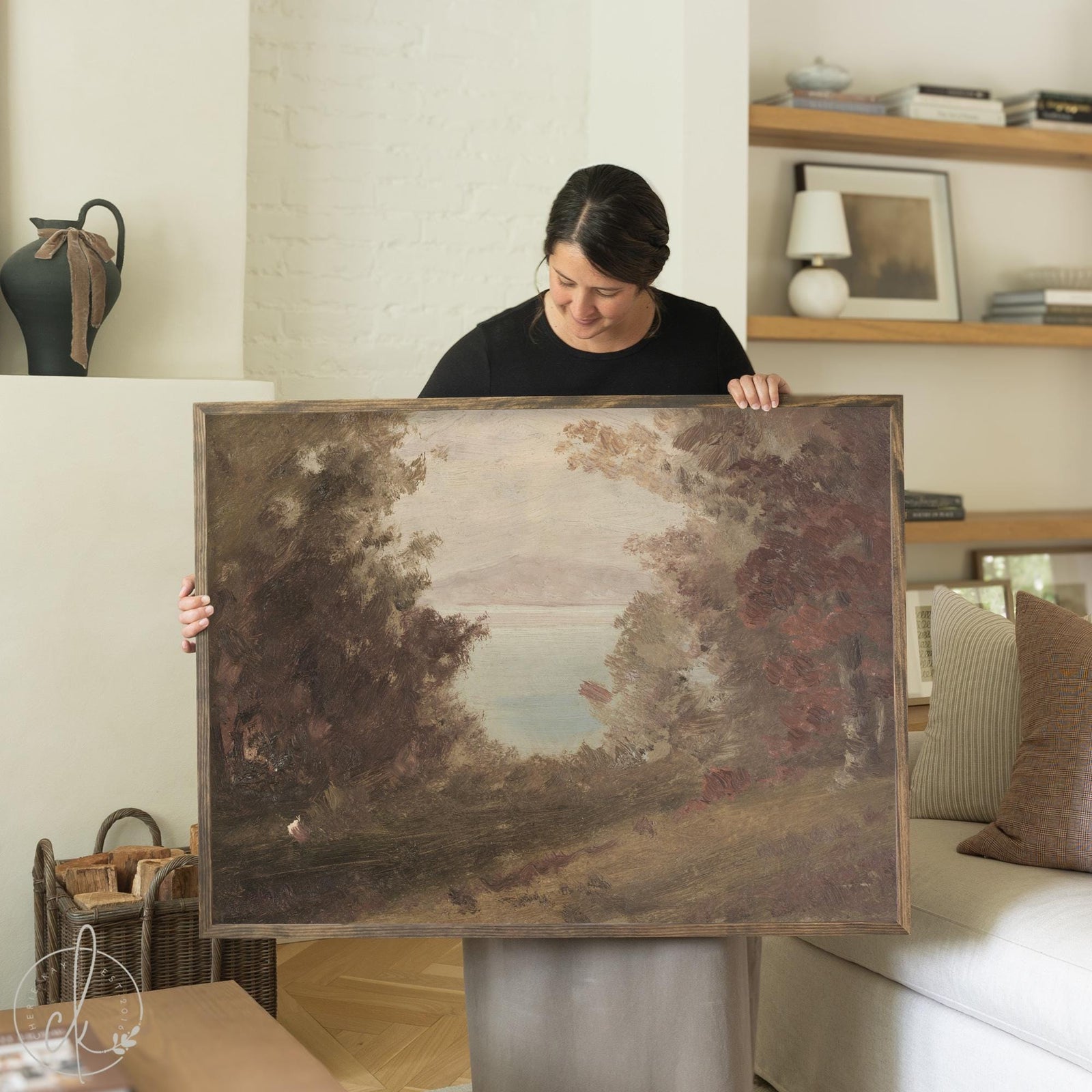 Autumn wall art with trees and lake, large framed landscape painting for living room decor.