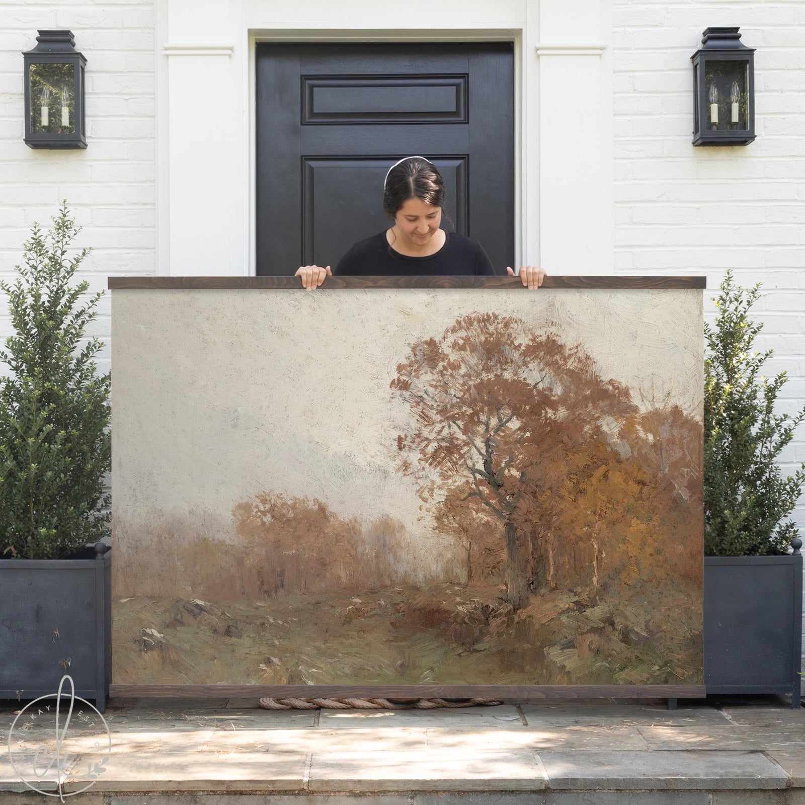 Autumn tree painting on large canvas featuring a golden forest landscape and nature wall art for living room decor.