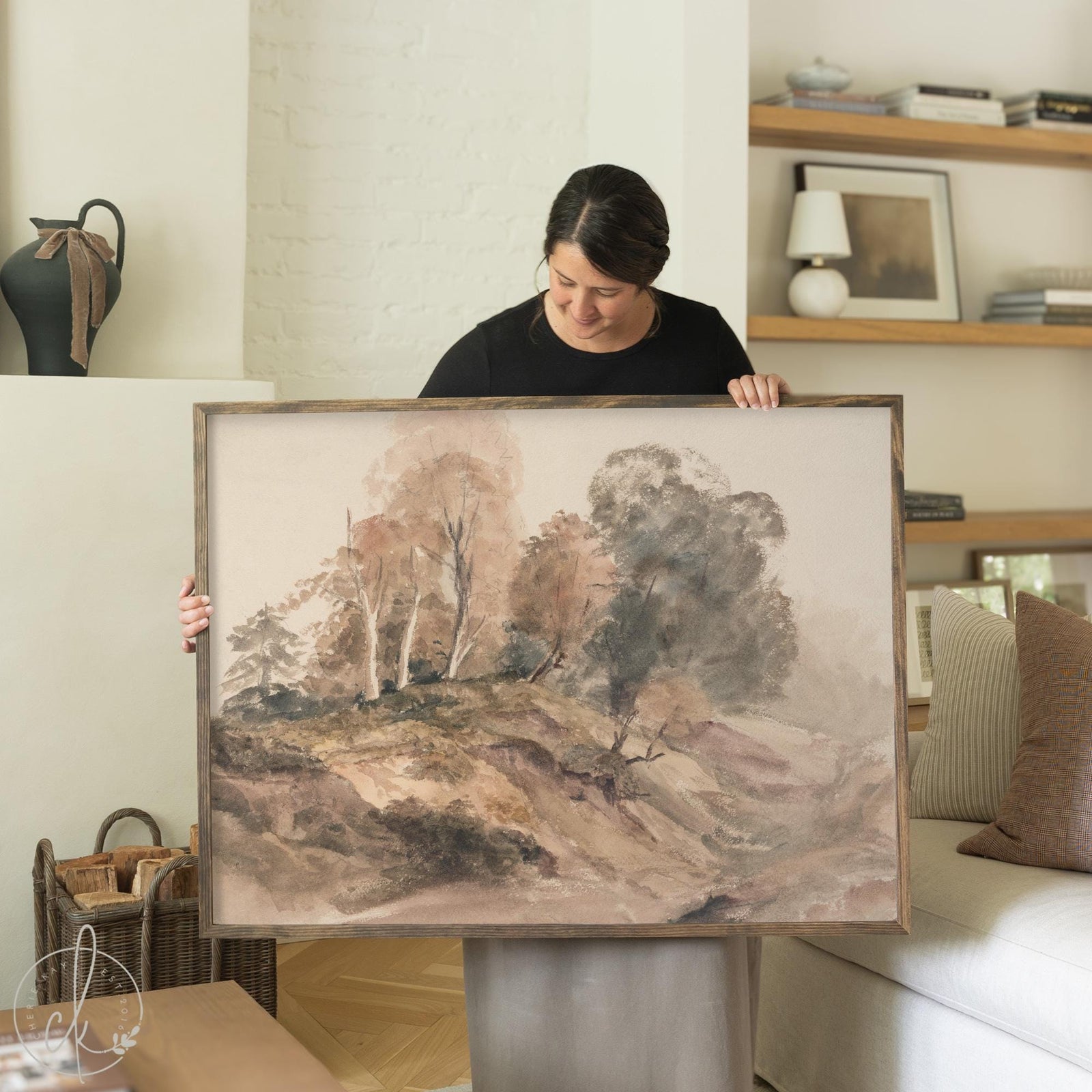 Autumn trees artwork with vivid fall forest scene framed in natural wood for seasonal wall decor