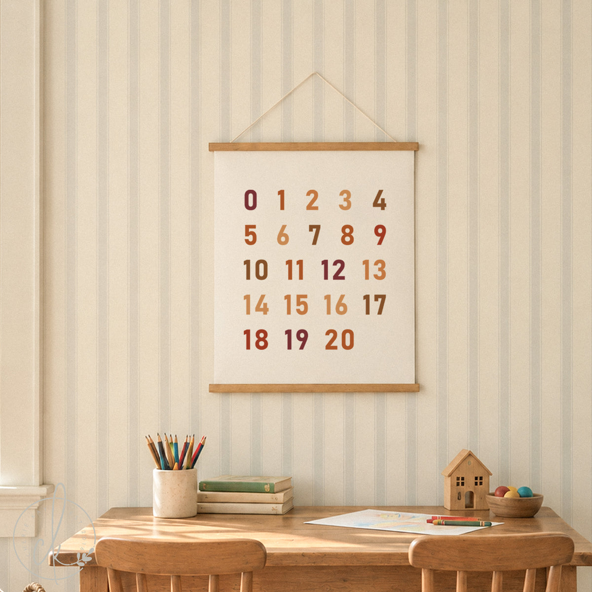  A square wall hanging featuring the numbers 0 through 20 printed in various shades of brown, tan, and dark red. The poster is mounted on a light wooden frame with a string for hanging, displayed above a small wooden table and two chairs.