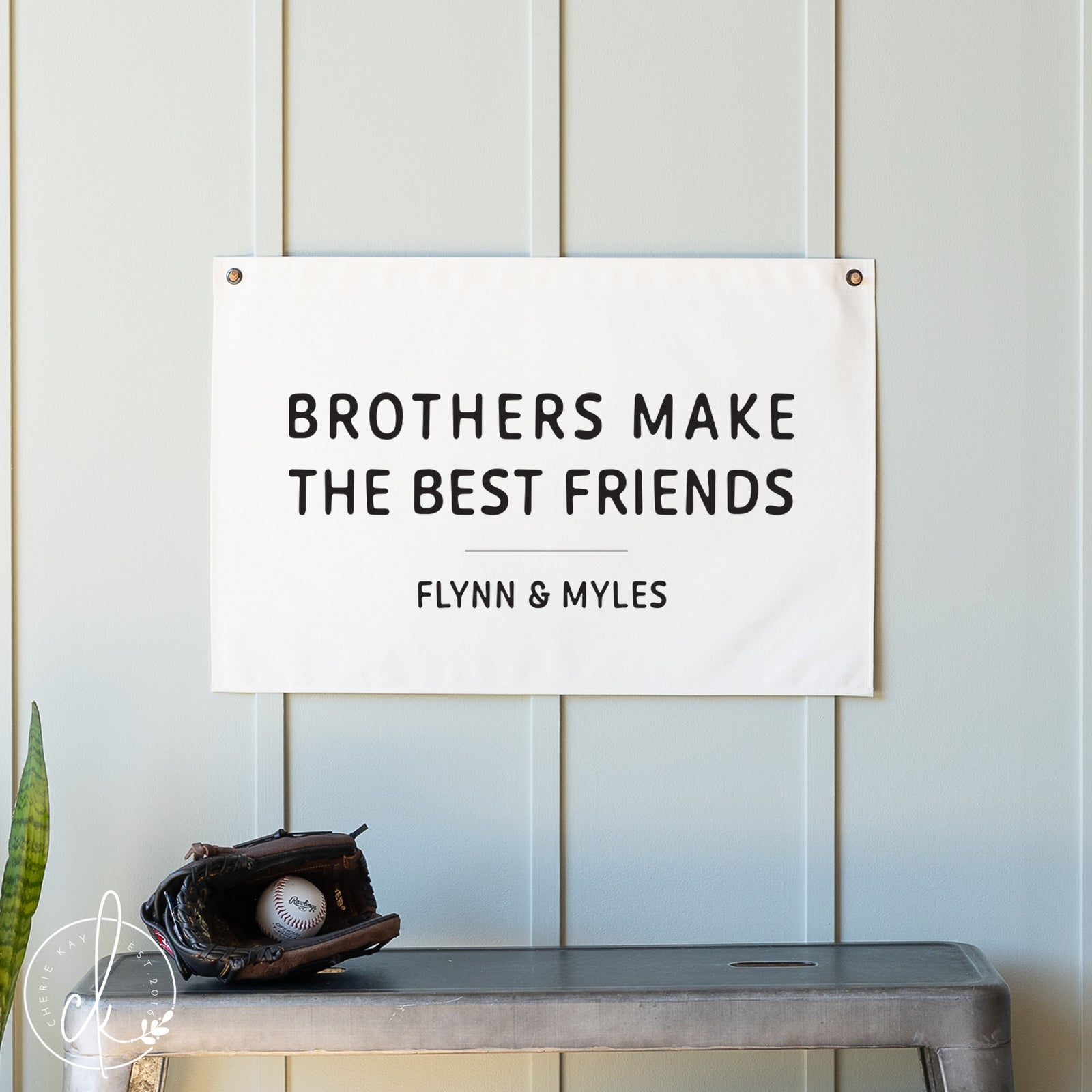 Brothers make the best friends sign personalized canvas flag with boys’ names for shared nursery or playroom wall decor