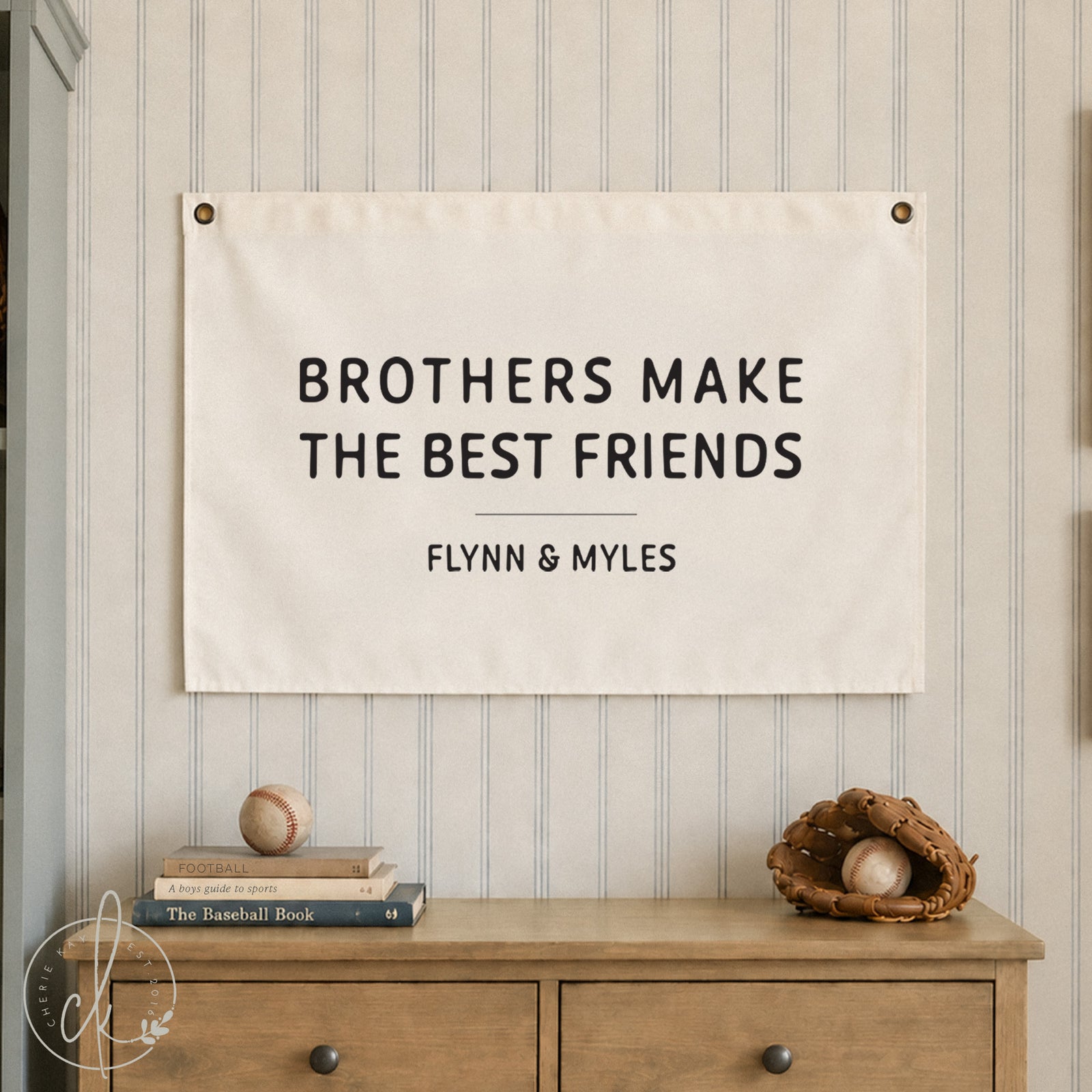 Brothers make the best friends sign personalized canvas flag with boys’ names for shared nursery or playroom wall decor