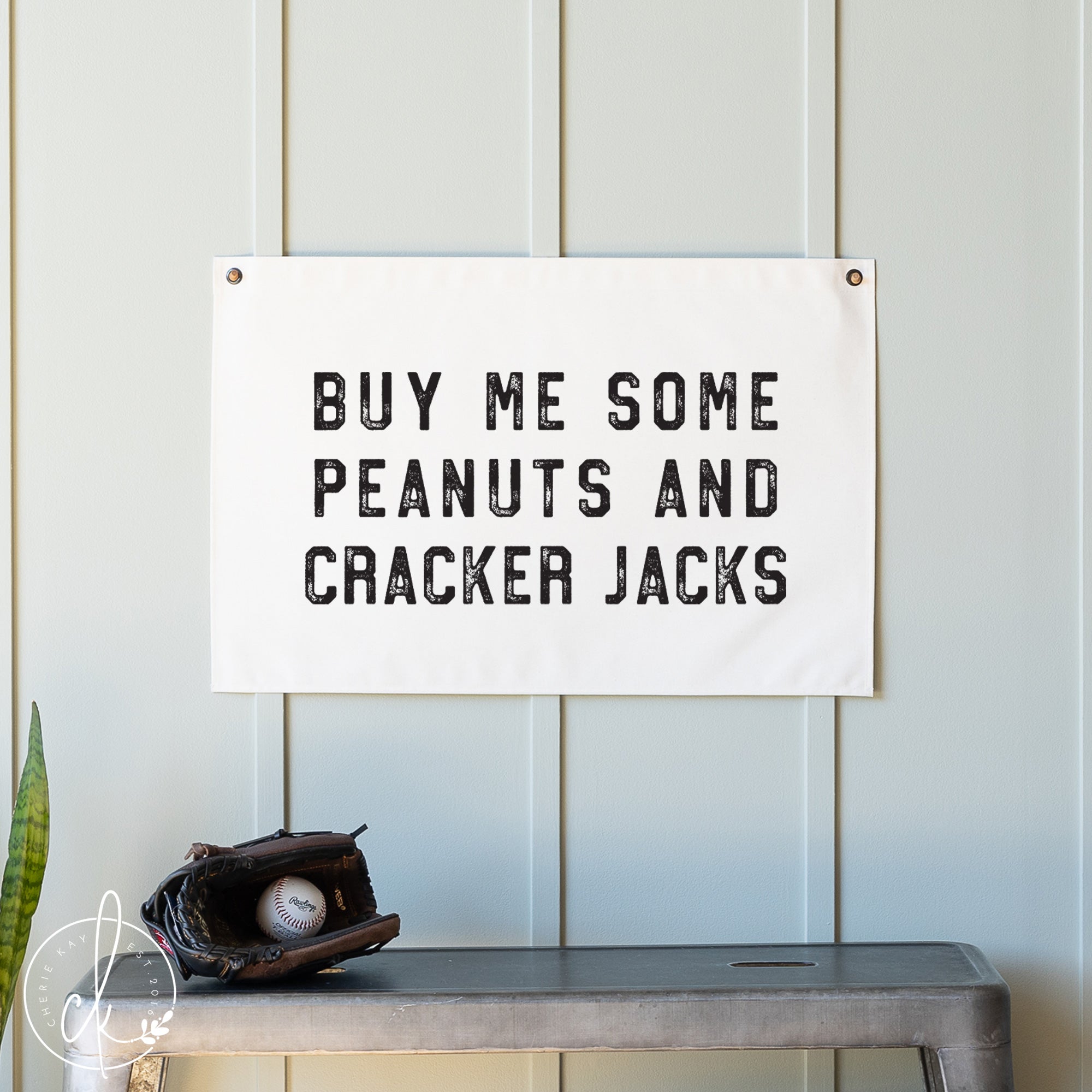 Sign with text 'Buy me some peanuts and cracker jacks' on a wall above a baseball glove and ball.