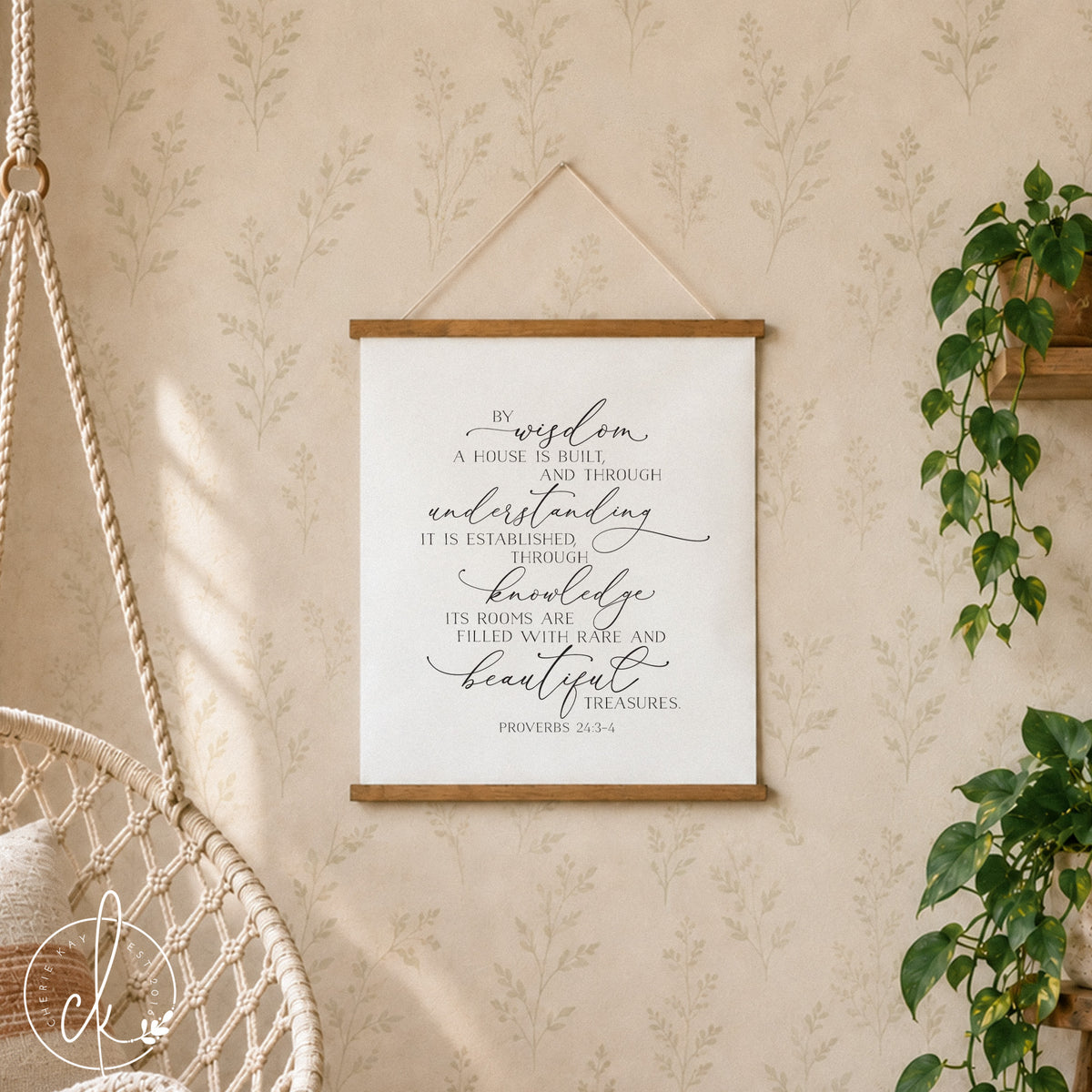 By wisdom a house is built | Proverbs 24:3-4 | Hanging Canvas Sign | Living Room Wall Decor