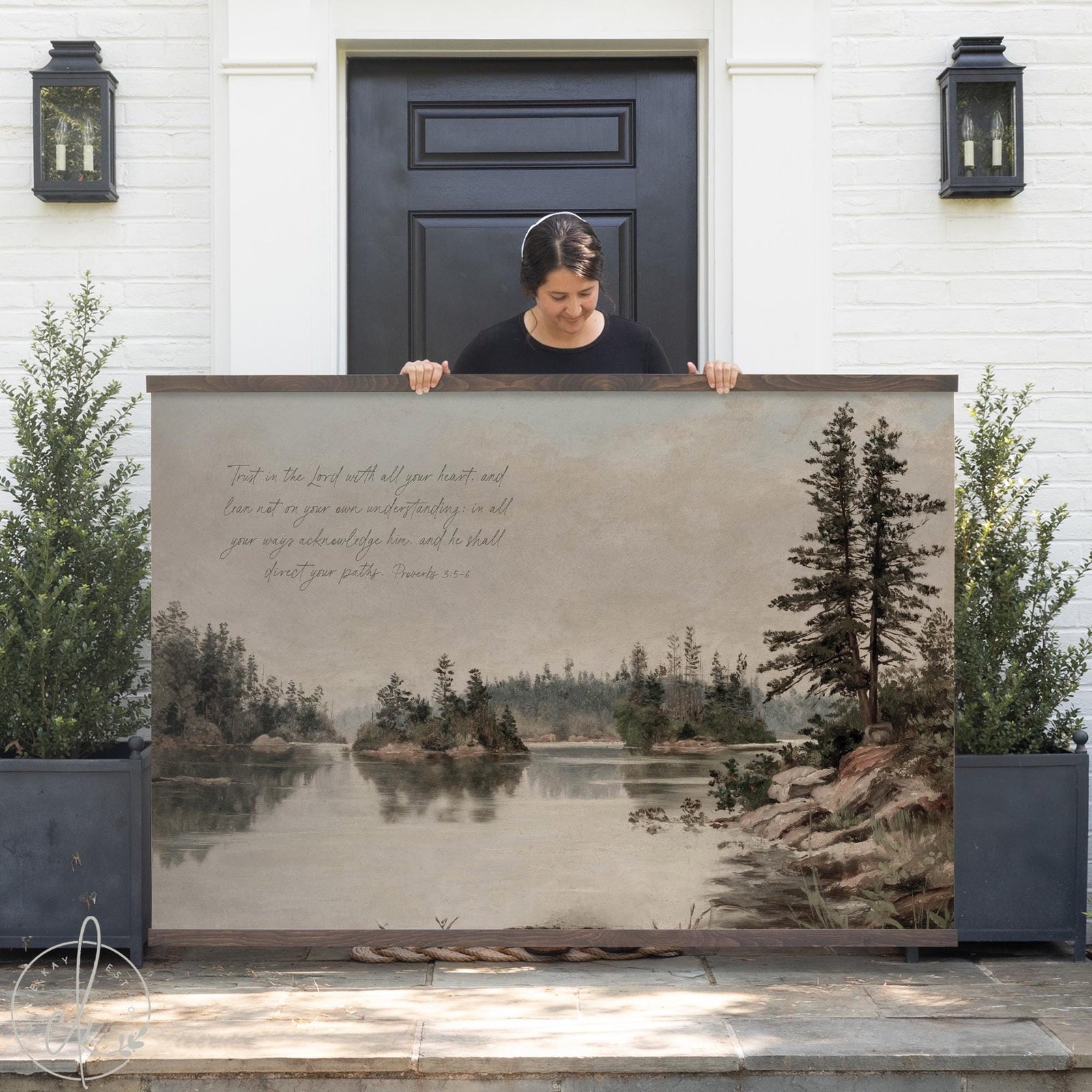 Christian home decor large canvas with Proverbs 3:5-6 over lake and pine tree landscape