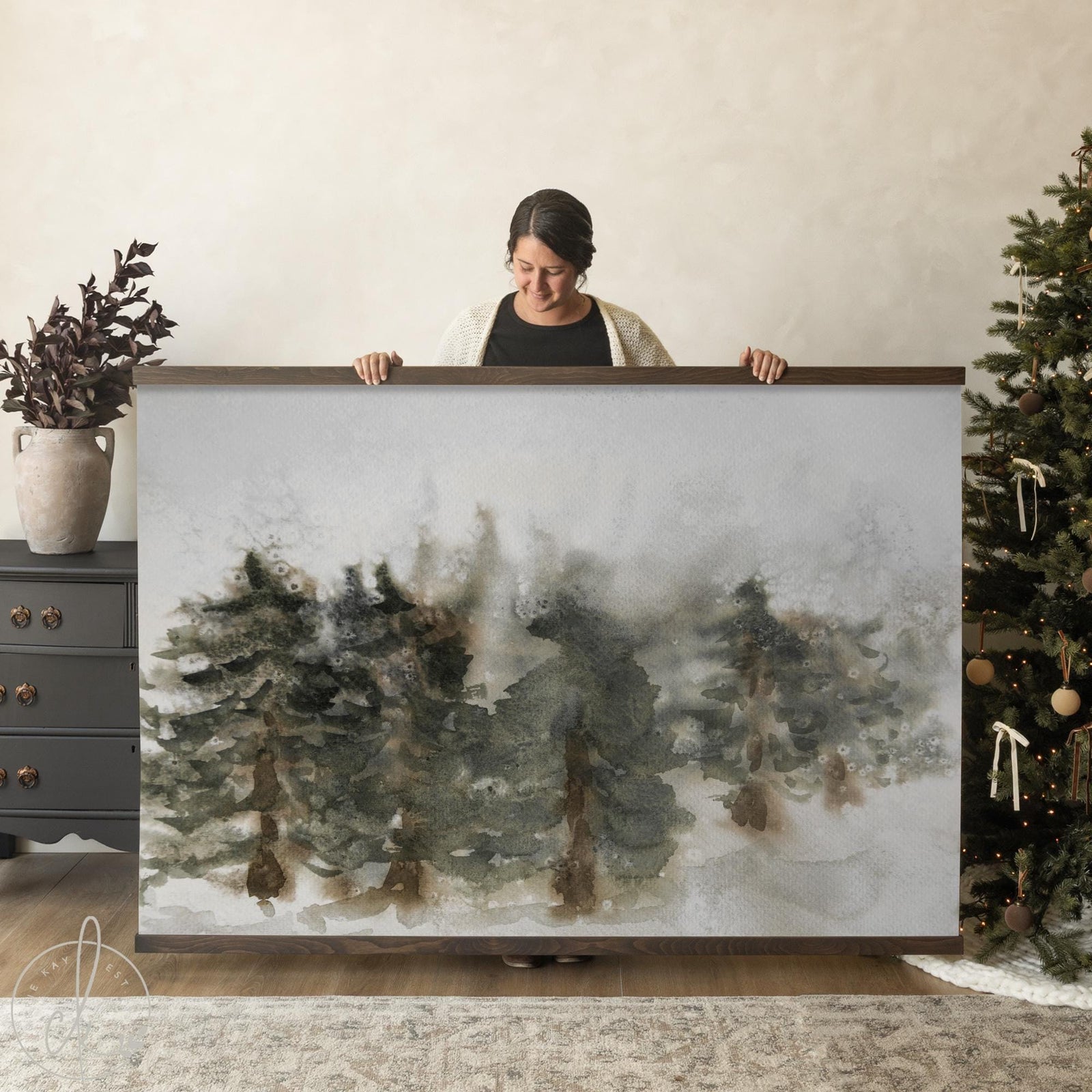 Christmas tree wall art snowy forest, large holiday canvas wall hanging for winter living room decor.