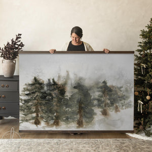 Christmas tree wall art snowy forest, large holiday canvas wall hanging for winter living room decor.