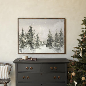 Large framed Christmas tree wall art with snowy pine trees, seasonal holiday wall decor for entryway or living room.
