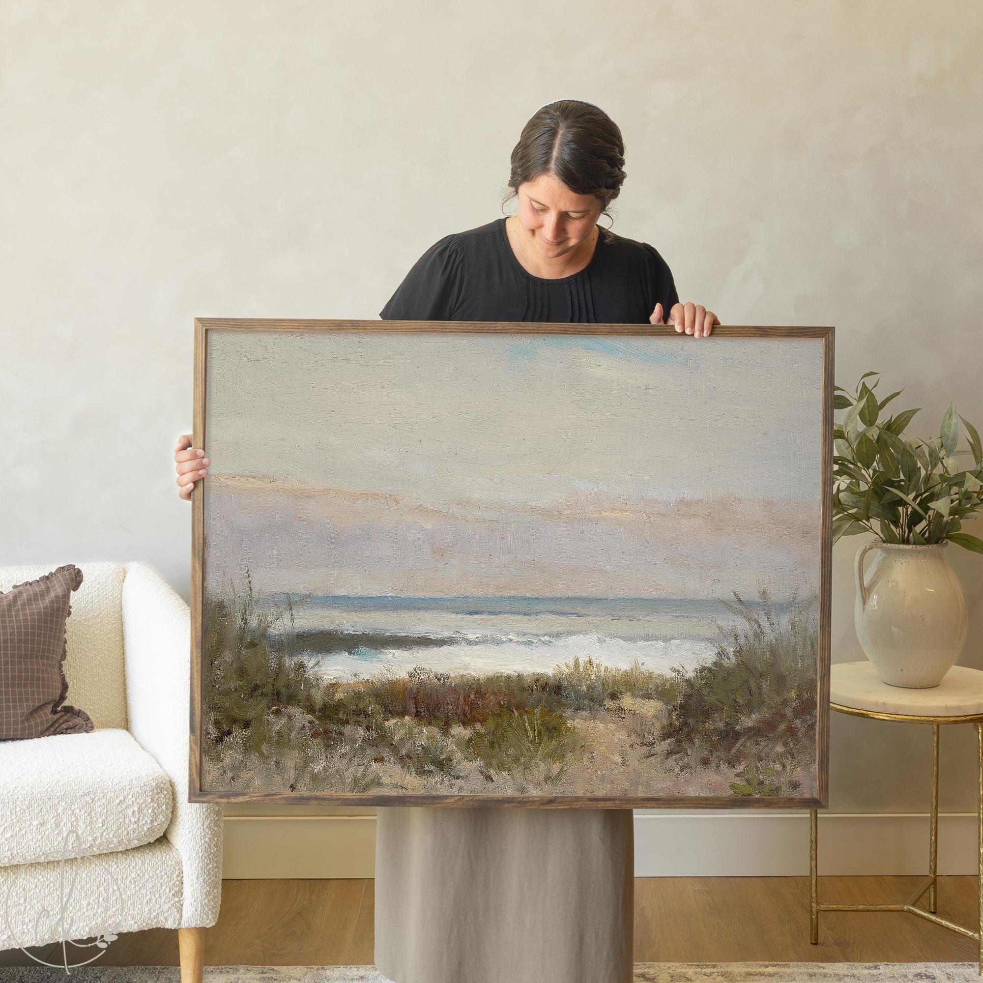 Framed beach landscape art with wooden frame showing coastal dunes, ocean waves, and natural sand tones for wall decor