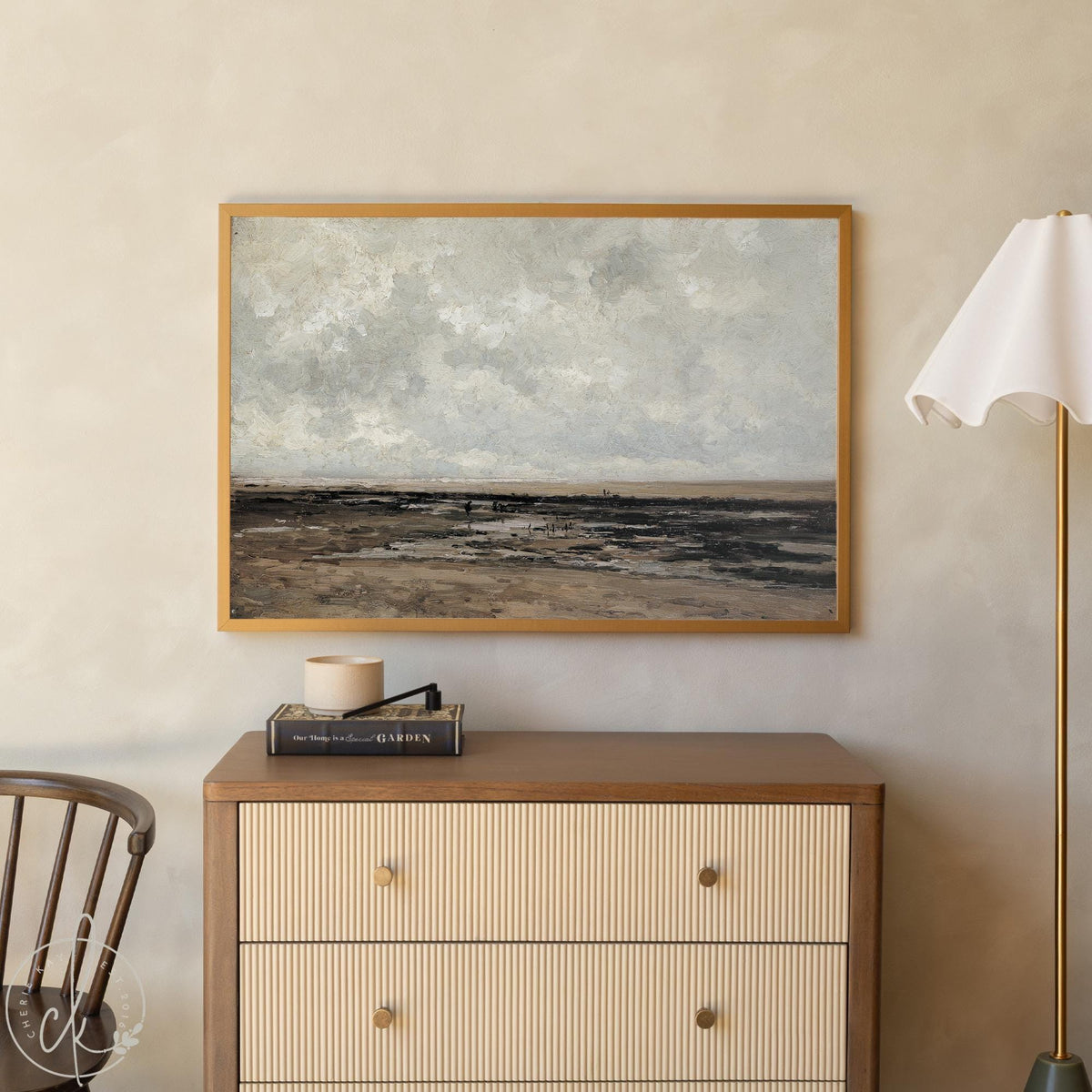 Framed coastal wall art featuring dramatic stormy seascape with gray clouds over ocean waters for living room decor