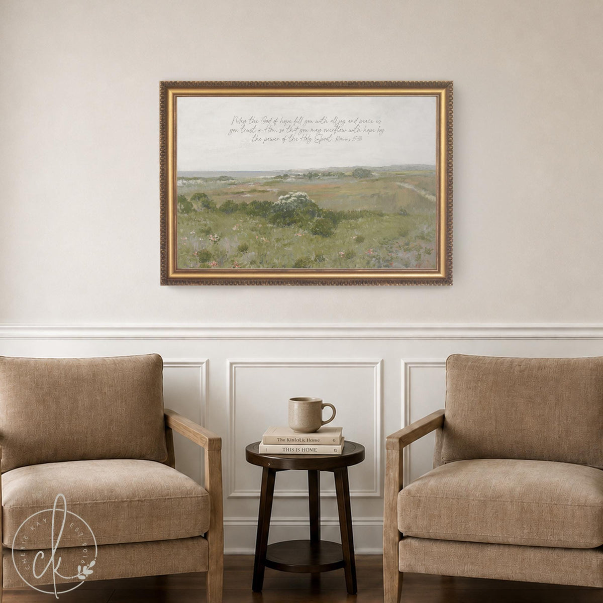 Bible Verse Wall Decor | Romans 15:13 Framed Christian Landscape Art | Large Gold Frame | N38