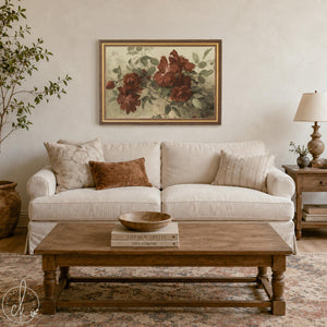 Burgundy Wall Art | Vintage Floral Still Life | Antique Gold Framed Canvas Print | N59