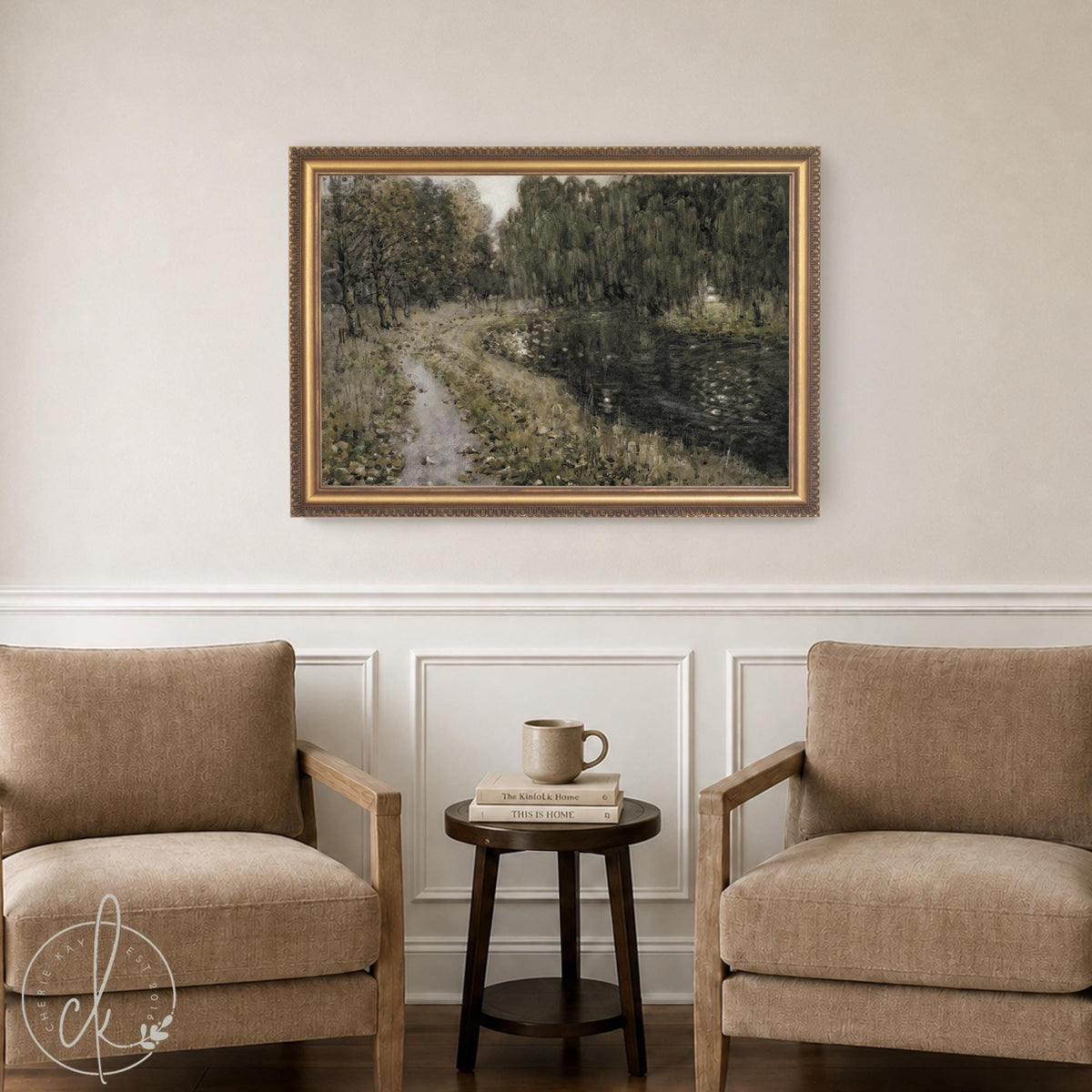 Framed Landscape Painting | Vintage Gold Frame | River Path Nature Wall Art | N221