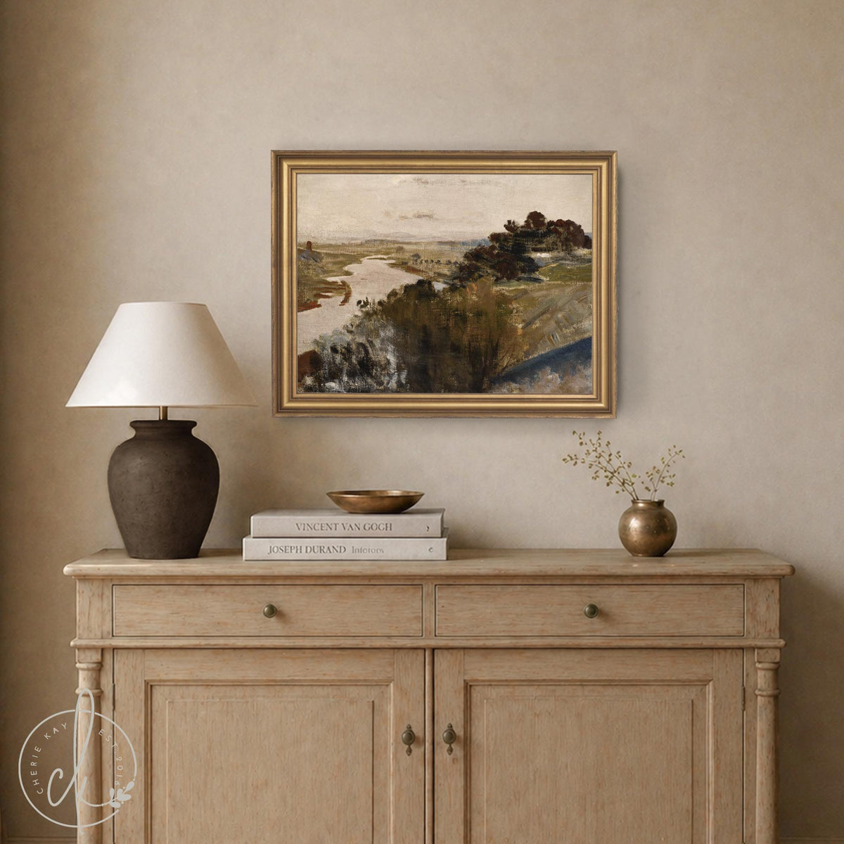 Vintage Landscape Painting | River Valley in Ornate Gold Frame | Large Framed Wall Art | N52