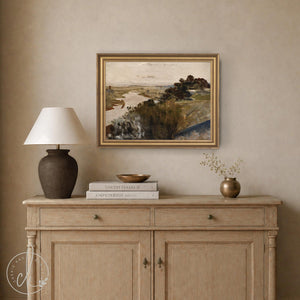 Vintage Landscape Painting | River Valley in Ornate Gold Frame | Large Framed Wall Art | N52