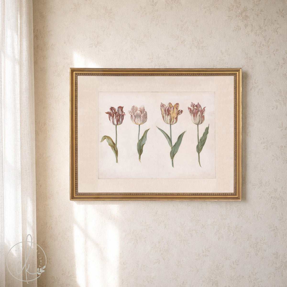 Vintage Botanical Print | Framed Tulip Canvas Art | Antique Gold Floral Wall Decor | N27