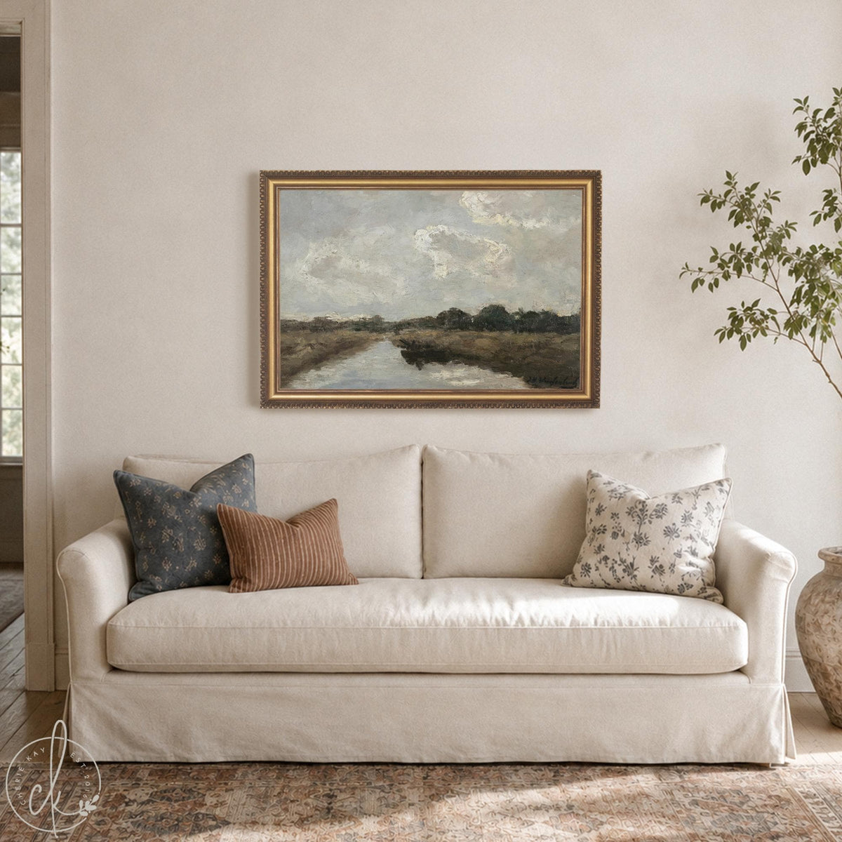 Large Oil Painting With Frame | Neutral Cloud & River Landscape | N60