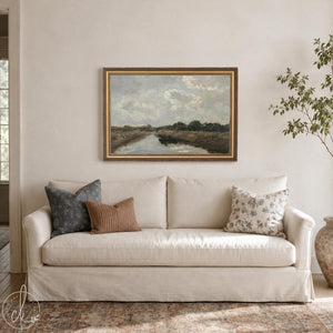 Large Oil Painting With Frame | Neutral Cloud & River Landscape | N60