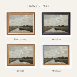 Large Oil Painting With Frame | Neutral Cloud & River Landscape | N60
