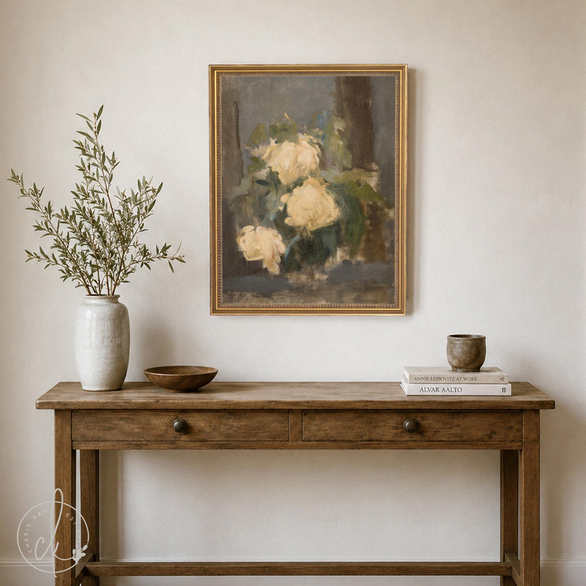 Impressionist Floral Wall Art | Framed Gold Oil Painting of Roses | N125