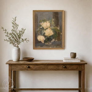 Impressionist Floral Wall Art | Framed Gold Oil Painting of Roses | N125