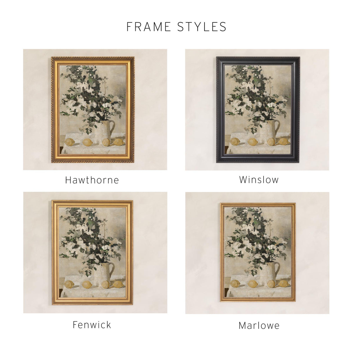 Kitchen Wall Art | Vintage Floral Still Life with Lemons | Gold Framed Canvas Print | N81