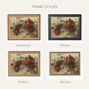 Burgundy Wall Art | Vintage Floral Still Life | Antique Gold Framed Canvas Print | N59